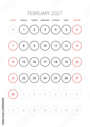 February 2027 English Minimalist Monthly Calendar Template Corporate Schedule Grid Layout