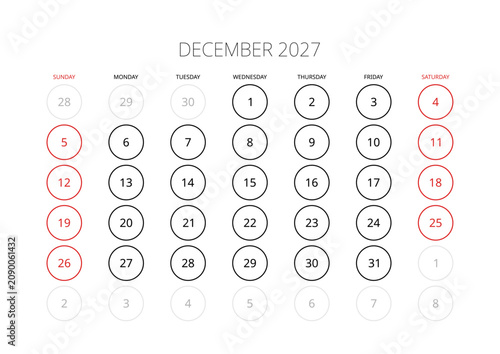 December 2027 English Minimalist Wall Calendar Page Corporate Project Management Layout