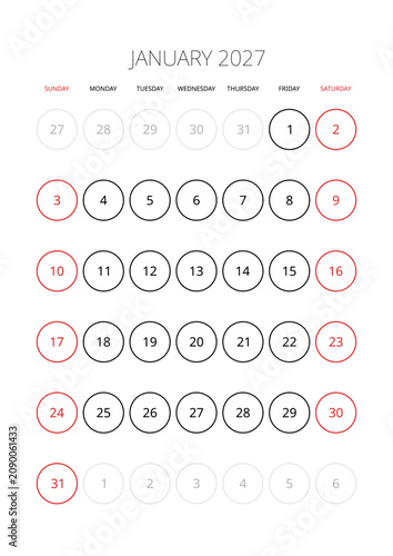 January 2027 English Professional Calendar Grid Clean Minimalist Monthly Planner