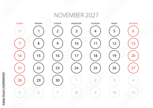 November 2027 English Minimalist Monthly Calendar Template Corporate Schedule Grid Layout