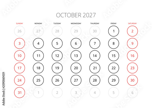 October 2027 English Corporate Monthly Calendar Grid Minimalist Office Organizer Page