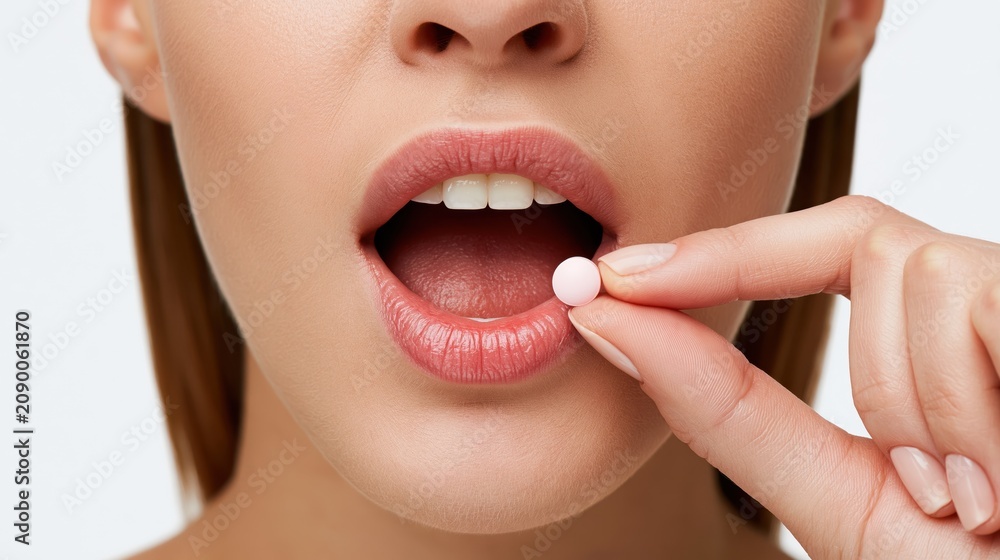 Naklejka premium Close-up of a woman's open mouth with a pink pill being placed on her tongue
