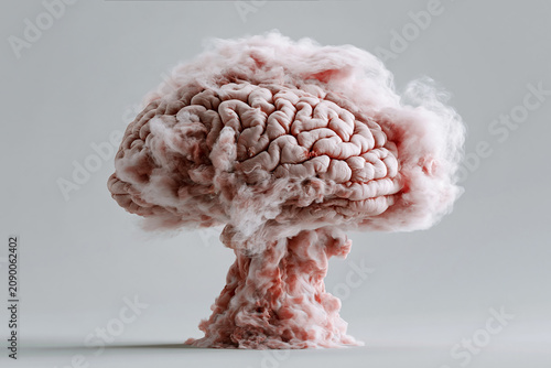 A human brain erupts into a nuclear mushroom cloud on a neutral background. Themes: mental overload, stress, war, power, apocalypse, creativity, science, politics.