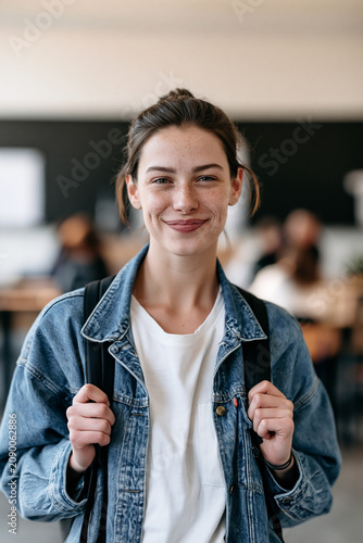 A teenage female student smiles in a school hallway holding her backpack straps. Youth portrait for education, confidence, student life, casual fashion, study, wellbeing, diversity, lifestyle.