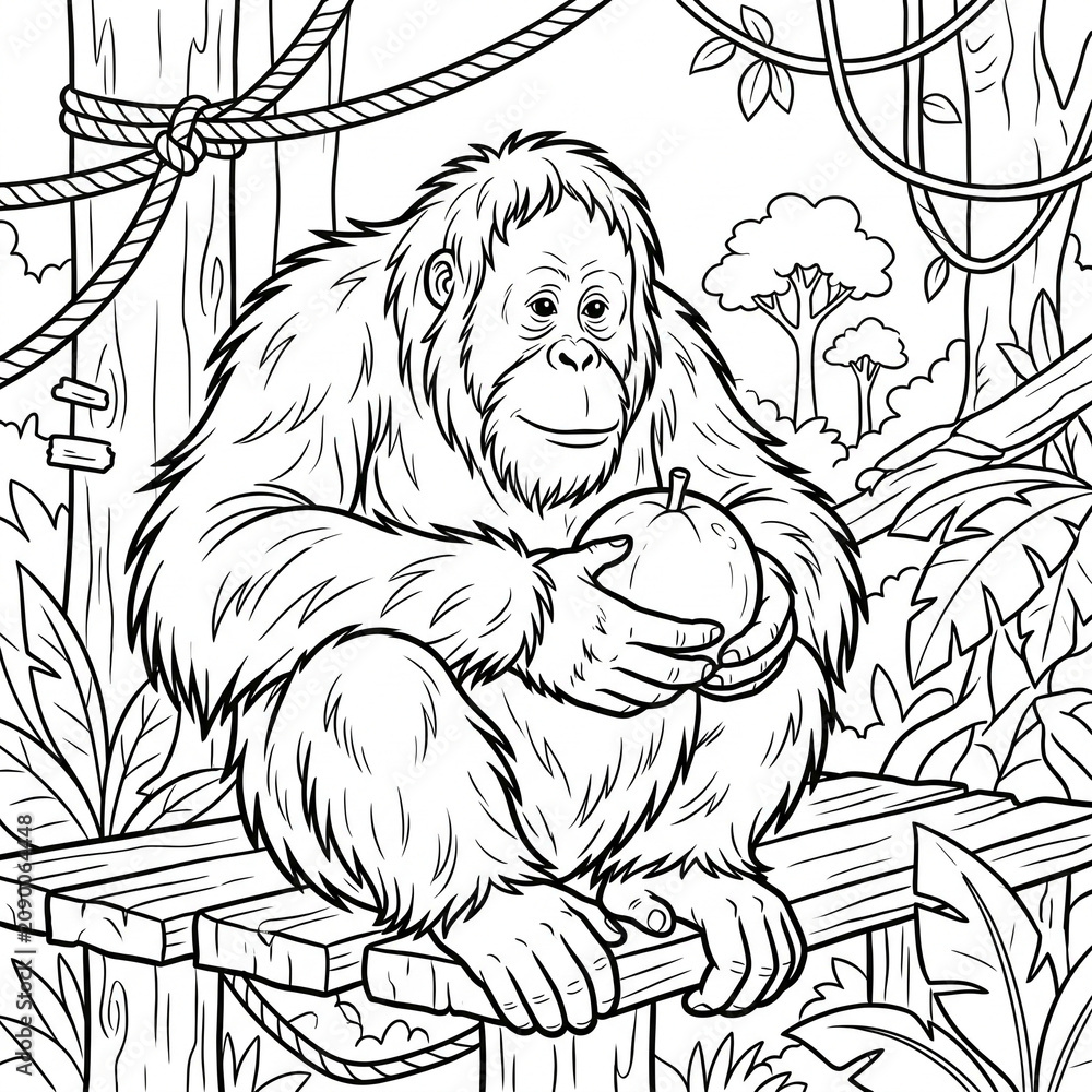Obraz premium Gorilla holding apple while sitting on a bench in a jungle scene — Concept of coloring for children about zoo 