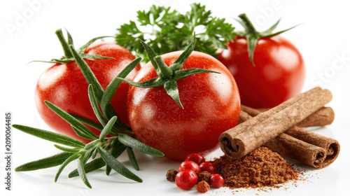 Bright tomatoes, green herbs, and warm spices rest on a clean white surface.