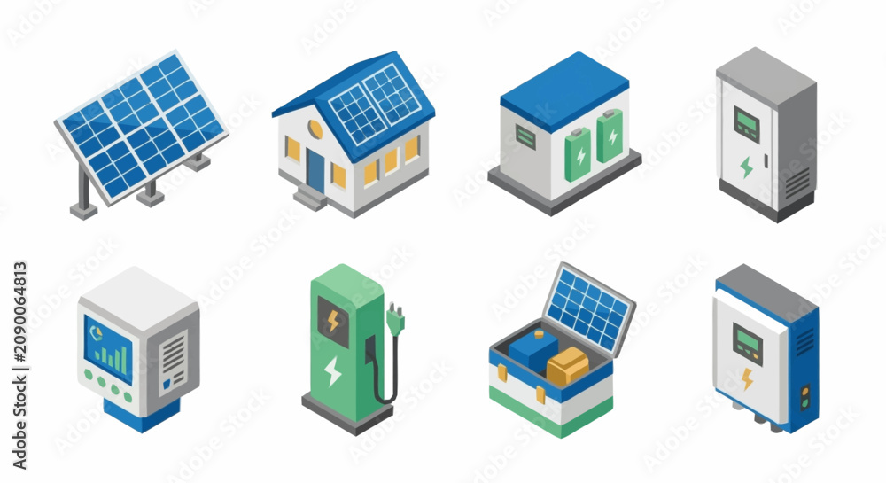 Fototapeta premium Colorful isometric icons of renewable energy technology.