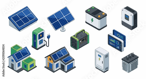 Foto Isometric Solar Panels and Energy Storage Systems.
