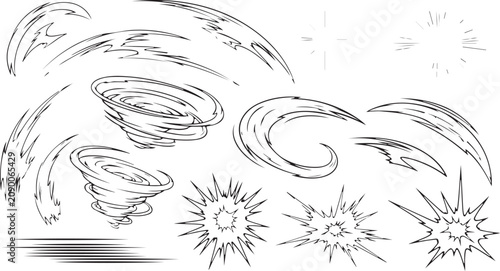 A collection of black and white hand-drawn dynamic effect elements, including stylized wind swooshes, energetic tornados, and explosive starbursts, designed for expressive visual storytelling.