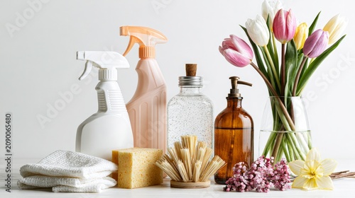 Cleaning supplies and flowers sat on a white surface.