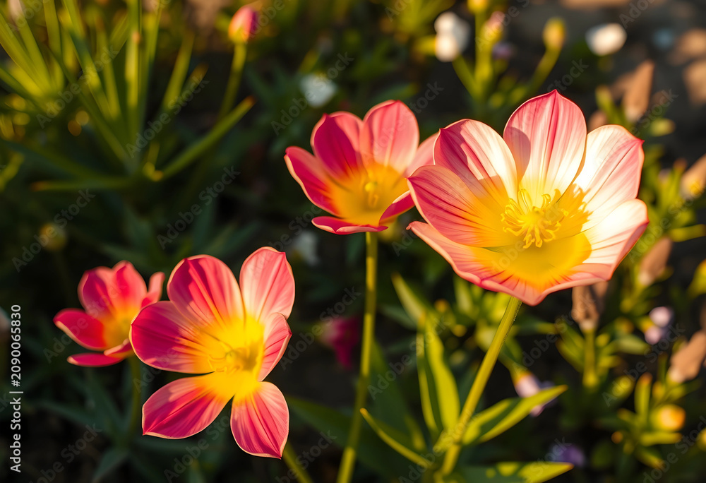 Fototapeta premium Four pink and yellow eustoma flowers in garden at golden hour