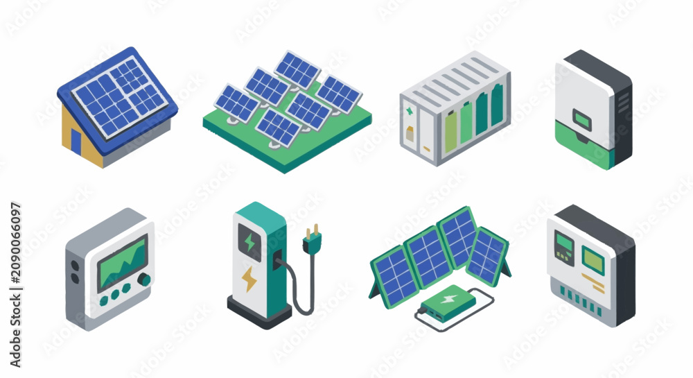 Fototapeta premium Isometric Solar Energy Technology Icons Set.