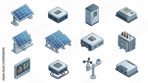 Принти на полотні Isometric icons of solar panels and electrical equipment.