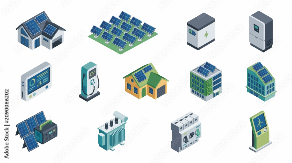 Fototapeta premium Isometric icons of renewable energy and technology devices.