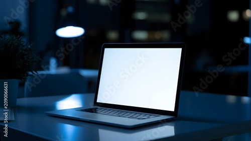 A laptop with blank white screen sits on a dark desk under cool blue ambient lighting with blurred background elements