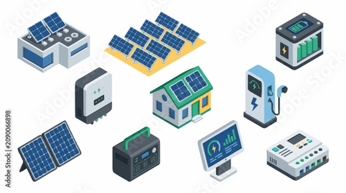 Konstfotografi Colorful isometric solar energy technology icons set.