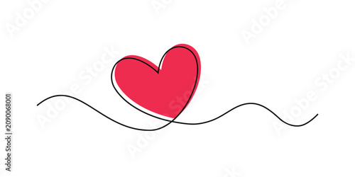 A bold red heart with continuous line art drawing. Hand drawn doodle vector  illustration design
