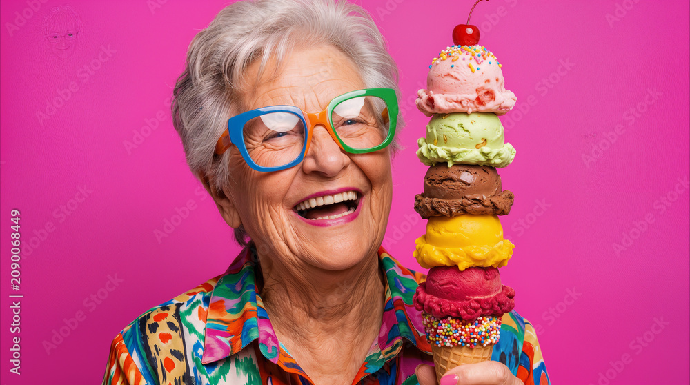 Obraz premium Laughing senior woman holding giant ice cream cone with multiple colorful scoops. Fun and vibrant summer treat concept with expressive elderly person wearing colorful glasses.
