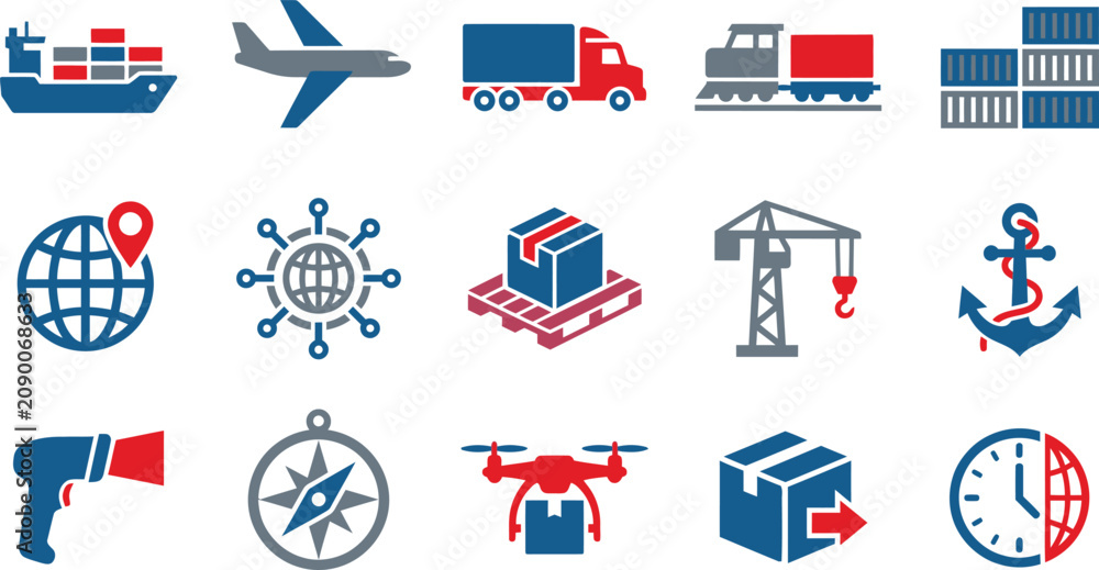 Obraz premium Set of logistics and shipping icons including cargo ship airplane truck train pallet crane anchor drone and scanner for global delivery and transportation services