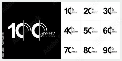 Set of 10 to 100 anniversary logo design. years celebration 10 to 100 logo icon vector collection.	