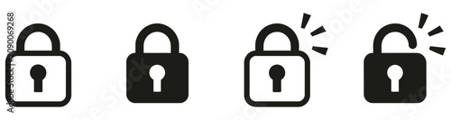 Lock and unlock icon set with closed and open padlock symbols for security, privacy and access control, vector design
