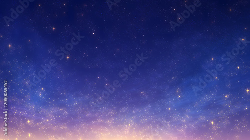 ディープブルーから幻想的なパープルへのグラデーションが美しい夜空に、無数のきらめく星々や星屑をちりばめた、ドリーミーで神秘的なアニメ風の星空・抽象横型背景素材