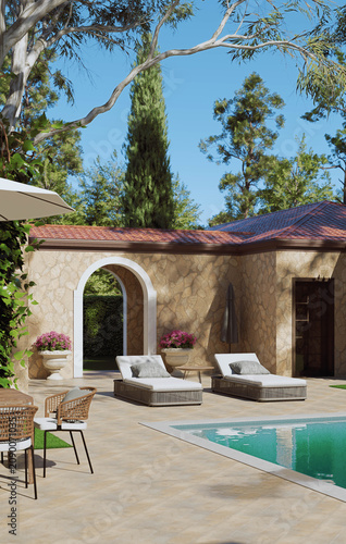 Luxury Mediterranean villa courtyard with swimming pool and lounge chairs