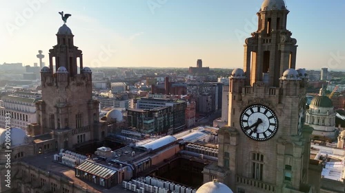 Royal Liver Building Clock Tower Aerial Shot Liverpool