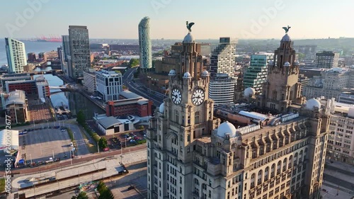 Royal Liver Building Clock Tower and Cruise Liner Aerial Shot