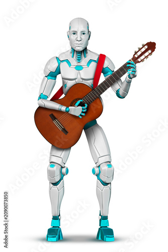 Music creation with artificial intelligence. Robot playing guitar on white background