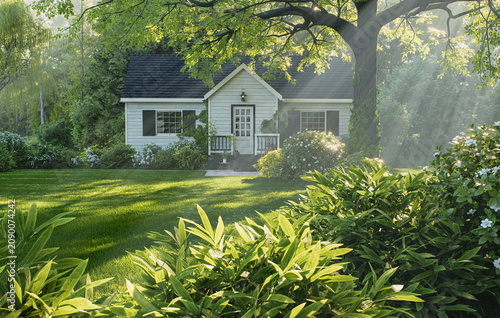 Cozy White House in Sunlit Garden with Green Lawn and Big Tree