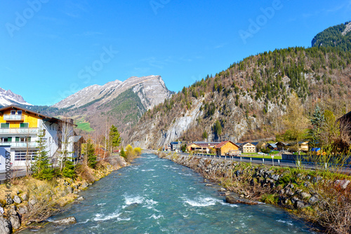 Photos Idyllischer Alpenfluss Bregenzer Ach mit Blick auf die Mittagsfluh bei Au im Bre