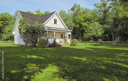 Cozy white country cottage with front porch and spacious green lawn