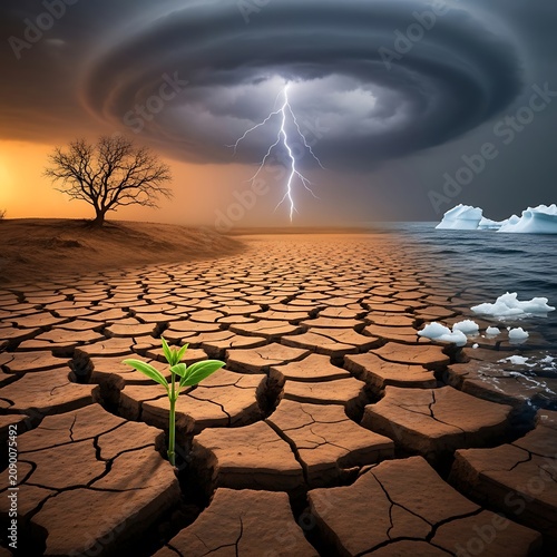 Conceptual landscape illustrating climate change effects with cracked desert ground melting icebergs and storm clouds scenery.