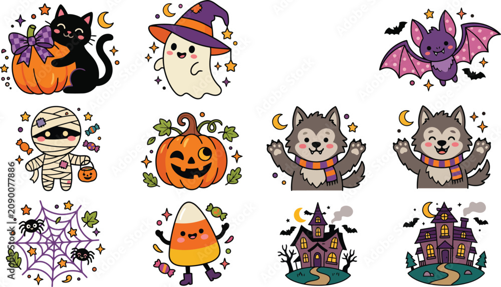 Fototapeta premium Set of cute kawaii halloween stickers featuring a black cat ghost bat mummy pumpkin werewolf candy corn and a haunted house
