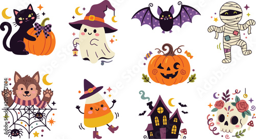 A collection of cute hand drawn halloween stickers featuring a black cat ghost bat mummy pumpkin werewolf candy corn house and skull