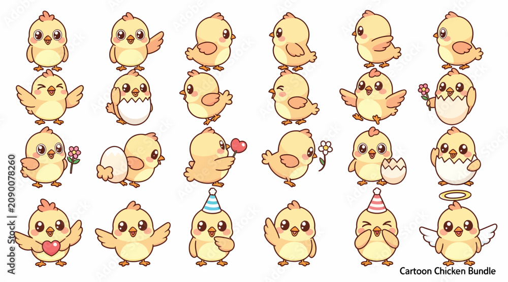 Fototapeta premium Cute Cartoon Chicken Illustrations - Set of 30 Chicks with Various Actions