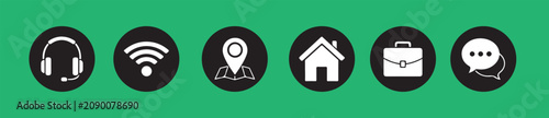 Collection of six modern white icons on black circles isolated on a green background