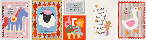 Naive сute wall art baby poster for a nursery room. Vector illustrations of a lamb, horse, goose, circus bear, playful  frame, a dream for a birthday greeting card, print, background and postcard