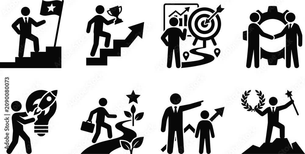 Obraz premium Business leadership and career success black glyph icon set representing corporate motivation growth and goal achievement