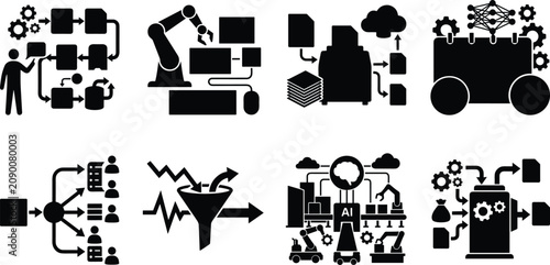 Foto Business automation and data processing vector icon set featuring artificial int
