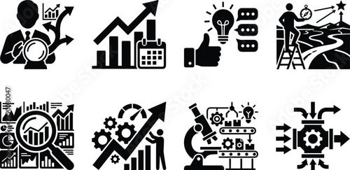 Business forecasting market analysis strategic growth planning and scientific research black glyph icons set