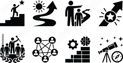 Business leadership and career success black glyph icon set representing corporate mentoring teamwork and strategic growth