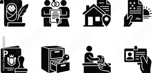 Civil Status and Legal Identity Documents Solid Icon Set Representing Key Life Events and Official Certificates