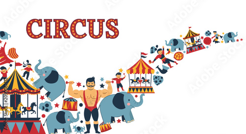 Colorful circus themed banner with various performers animals and attractions for fun festival and fair event advertising design.