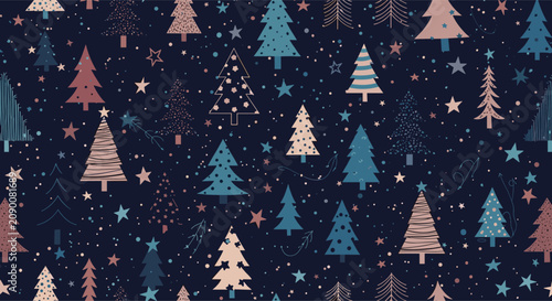 Festive seamless pattern with various stylized christmas trees and stars on a dark background for holiday gift wrap projects.