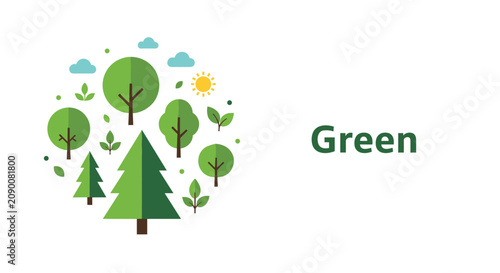 Environmental themed design featuring a circle of various green trees and plants with green text on white background.