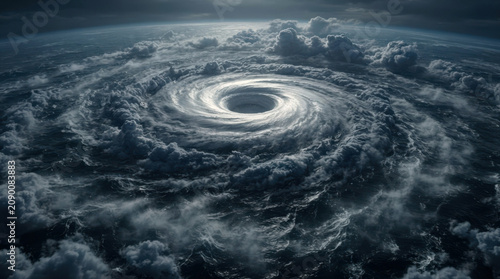 Powerful cinematic CGI of a tropical cyclone from above, with a sharply defined eye, towering spiral rain bands, and a churning sea surface throwing mist into the air; dramatic storm lighting, deep