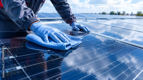 Technician Cleaning and Maintaining Renewable Energy Solar Panel