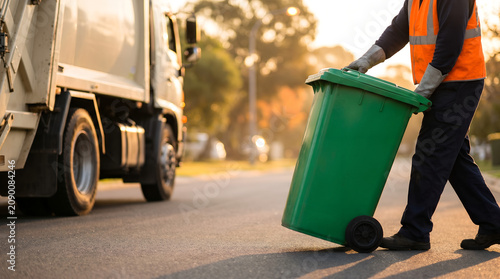 Waste management worker in protective gloves pulling a green recycling bin on a suburban residential street with a garbage truck parked in the background, recycling